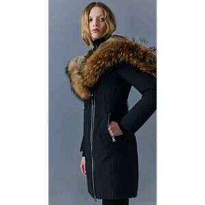 $1800 Mackage Trish Black Hooded Kay Down Parka Coat Jacket W Fur Collar Sz XXS